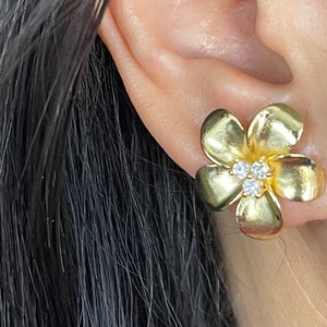Solid Sterling Silver Hawaiian 20mm Plumeria Flower With Triple Cubic Zirconia Stud Earrings Rhodium Yellow Gold