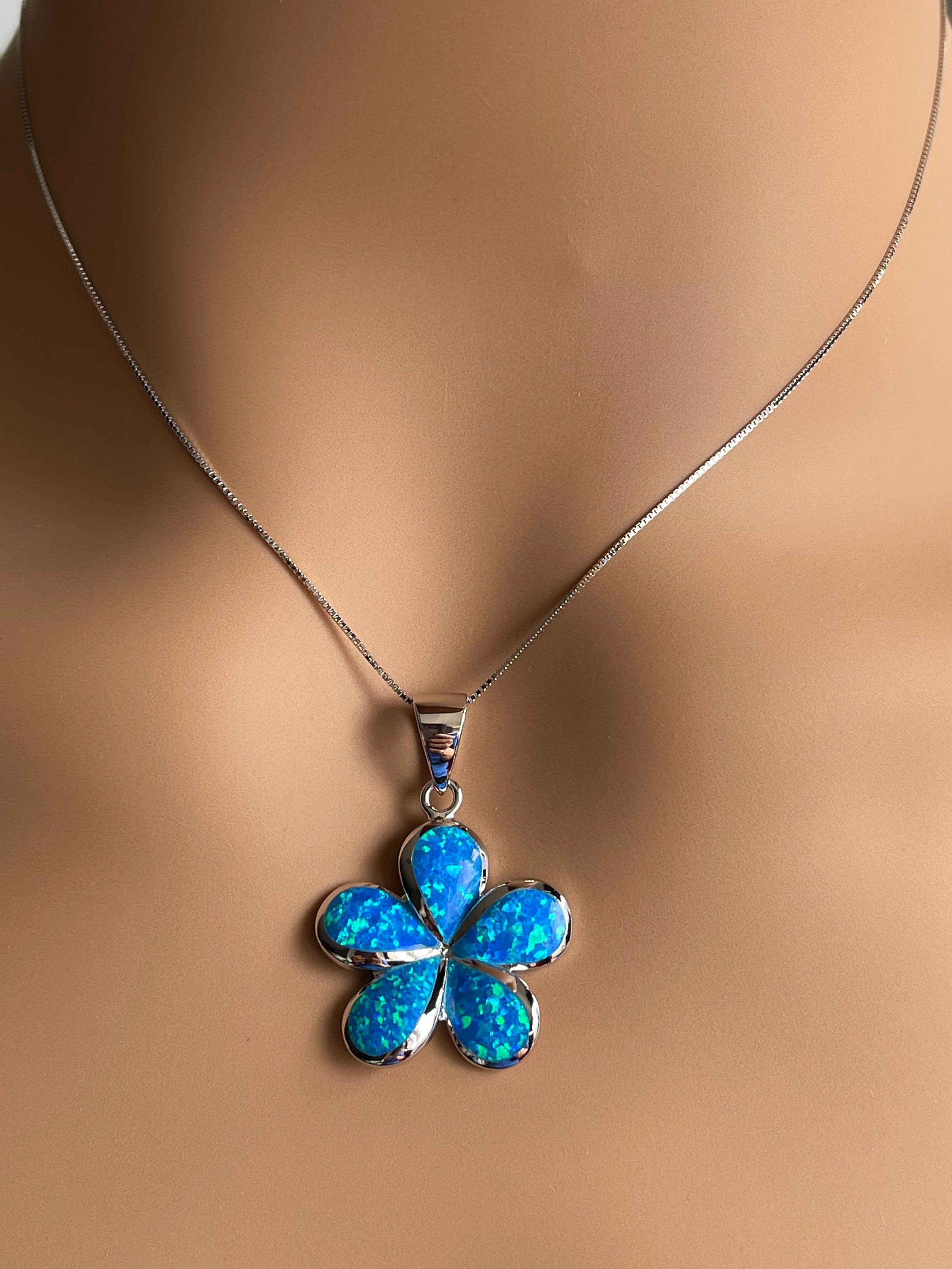 Sterling Silver Hawaiian Blue Opal Plumeria Flower Pendant