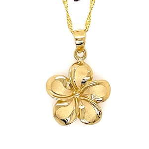 14K Solid Yellow Gold Hawaiian Plumeria Flower Pendant Necklace