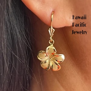14K Solid Yellow Gold Hawaiian Plumeria Flower Dangle Earrings