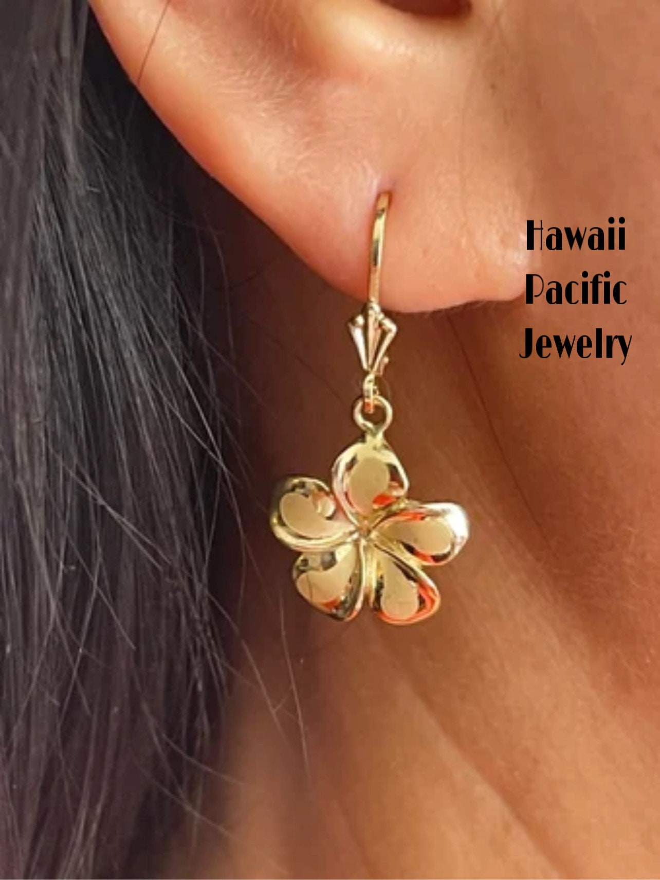 14k Yellow Gold Solid Hawaiian Plumeria Flower Drop Earrings (2.1 Grams, Butterfly Closure) - Made In USA