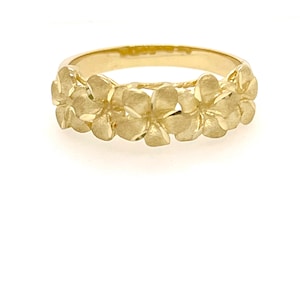 14 Karat Solid Yellow Gold Hawaiian Heirloom 6mm Plumeria 5 Flowers Lei Ring Diamond Cut on the edges of each petal
