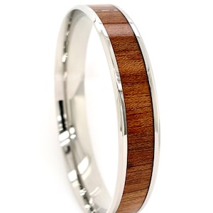 Hawaiian 12mm Koa Wood Stainless Steel Silver Bangle Bracelet Women Size 7.5&quot;,8&quot;, 8.5&quot;