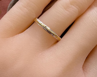 Sterling Silver Hawaiian Heirloom Ring: Plumeria Flower, Two-Tone Gold Scroll, 2mm Wedding Band