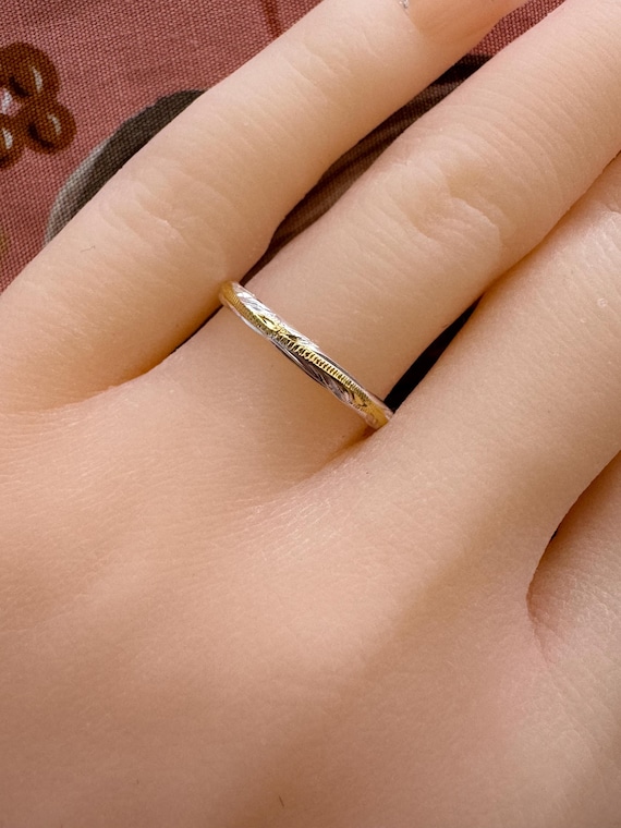 Sterling Silver Hawaiian Heirloom Ring: Plumeria Flower, Two-Tone Gold Scroll, 2mm Wedding Band