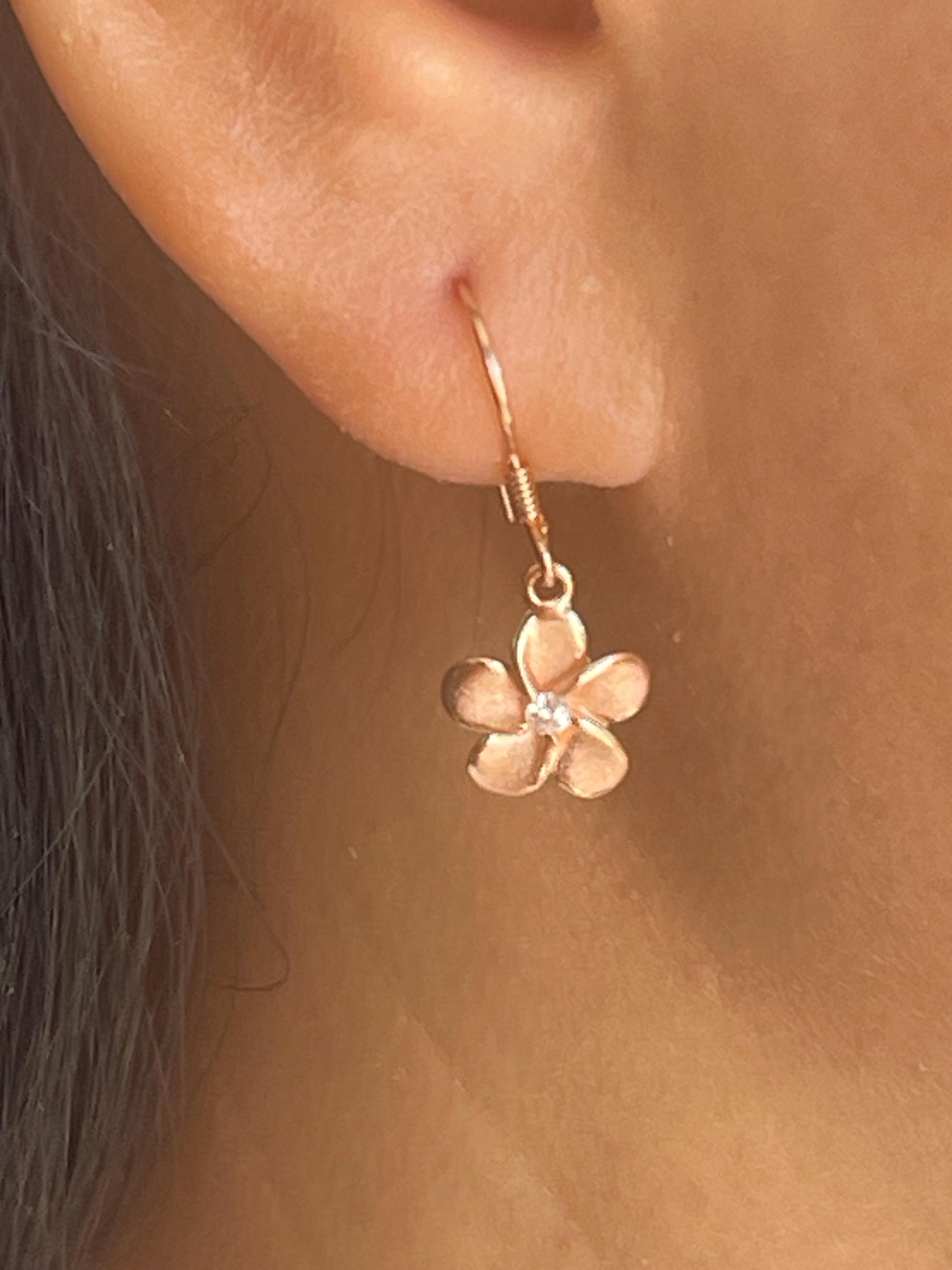 Rose Gold Plated Sterling Silver 925 Hawaiian Plumeria Flower Earrings – Studs With Clear Cubic Zirconia, 10mm