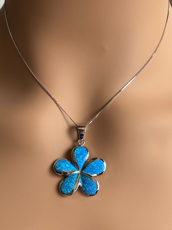 Sterling Silver Hawaiian Blue Opal Plumeria Flower Pendant