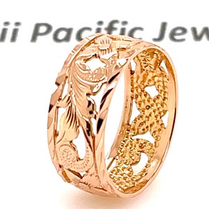 14-karat Solid Rose Gold Hawaiian Heirloom 8mm Plumeria Maile Leaf Scroll Band Ring Diamond Cut on the edges