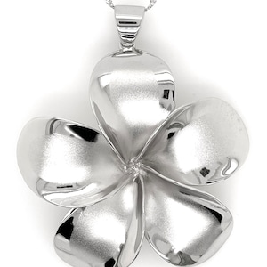 Hawaiian 48-mm, 40-mm Plumeria Flower Pendant Necklace Sterling Silver 925 Rhodium White Gold High Polish Edges