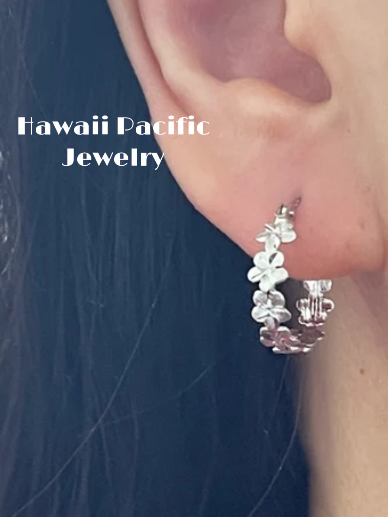 14 Karat Solid White Gold Hawaiian 5mm Plumeria Flower Lei Hoop Earrings