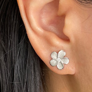 Solid Sterling Silver 12mm Hawaiian Plumeria Flower with Cubic Zirconia Stud Earrings