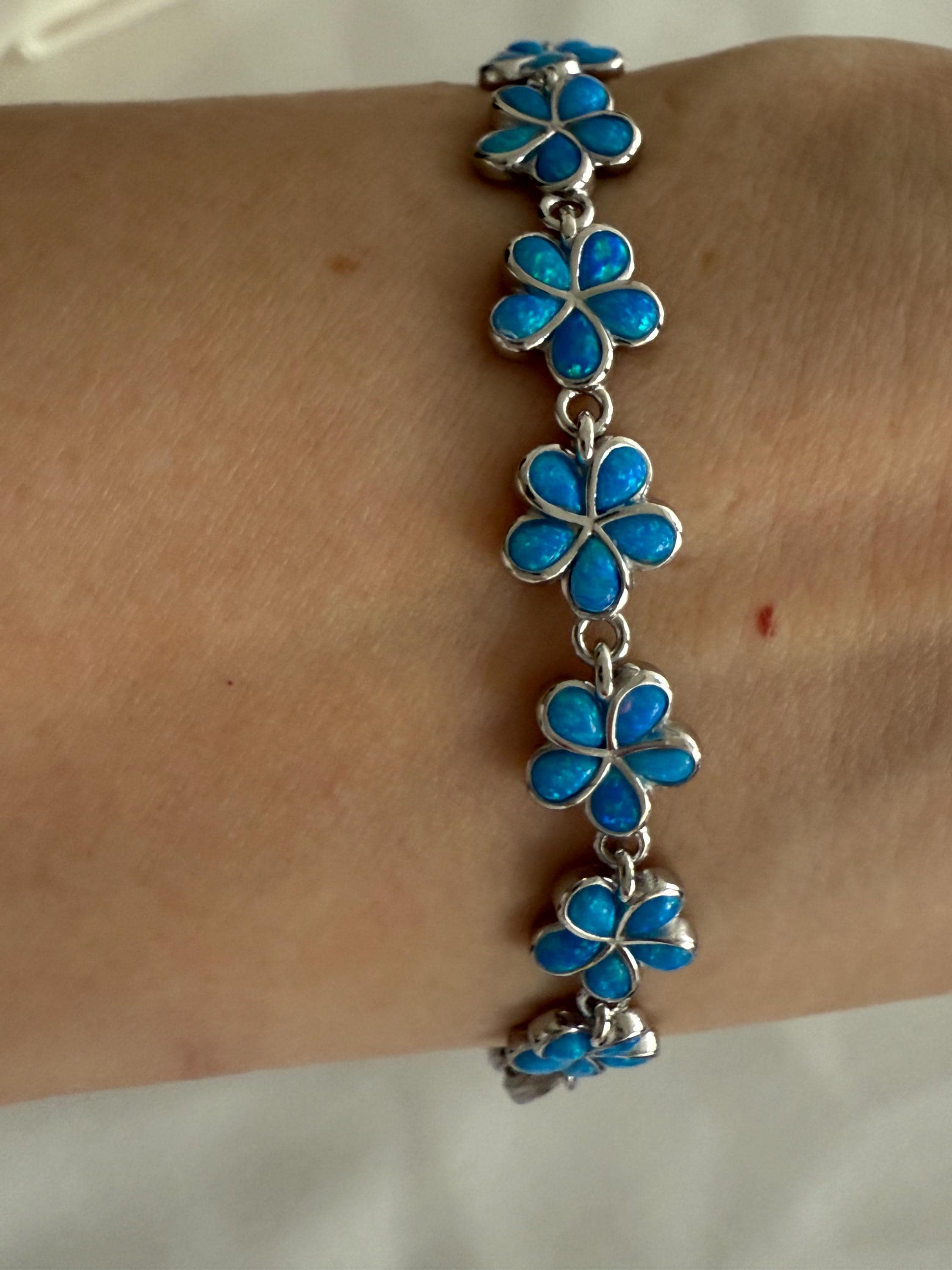 Blue Opal 8mm, 10mm, 12mm Plumeria Flower Bracelet: Sterling