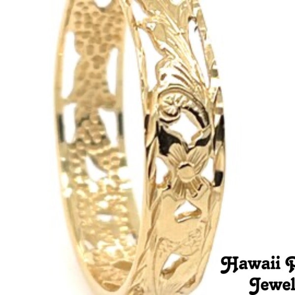 14 Karat Solid Yellow Gold Hawaiian Heirloom 6mm Plumeria Maile Scroll Band Ring Diamond Cut