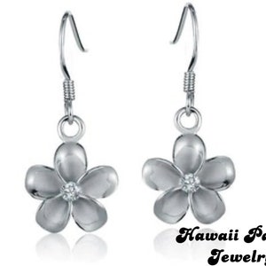 Sterling Silver Hawaiian 8mm Plumeria With Cubic Zirconia Dangle & Drop Earrings With Clear Silicon Earring Backs