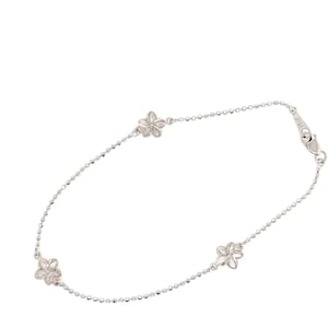 14 Karat White Gold Hawaiian Reversible 9mm Plumeria Diamond Cut Ball Link Anklet