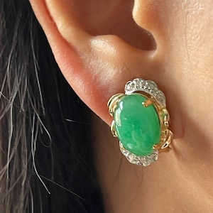 14K Solid Yellow Gold Green Jade Diamond Earrings: French Clip Post Omega Back