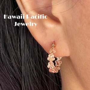 14 Karat Solid Rose Gold Hawaiian 5mm Plumeria Flower Lei Hoop Earrings