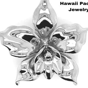 The handcrafted HPJ Design Hawaiian Solid Sterling Silver 925 Orchid Flower Pendant Necklace with Box Chain High Polished Finish.