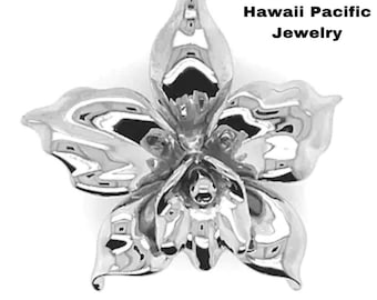 Beautiful Hawaiian Solid Sterling Silver 925 Orchid Flower Pendant Necklace with Box Chain