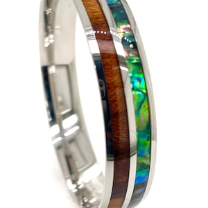 Hawaiian Natural Koa Wood and Abalone Shell 8mm, 10mm, 12mm Silver Stainless Steel Bangle Bracelet Women&#39;s Size 7.5&quot;, 8&quot;, 8.5&quot;