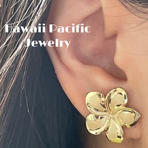 14K Solid Yellow Gold Plumeria Flower Stud Earrings