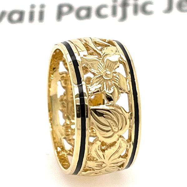 14 Karat Solid Yellow Gold Hawaiian Heirloom 8mm Tropical Flowers With Black Enamel Band Ring Seven Days Flowers