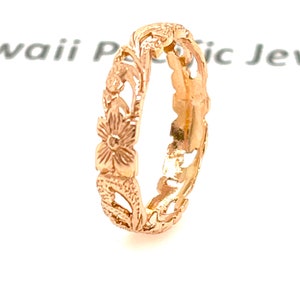 14 Karat Solid Rose Gold Hawaiian Heirloom 4mm Plumeria Flower Princess Scroll Band Ring