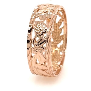 14 Karat Solid Rose Gold, White Gold, Yellow Gold Hawaiian Heirloom 6mm Tropical Flowers of Hawaii Band Ring Seven Days Flowers