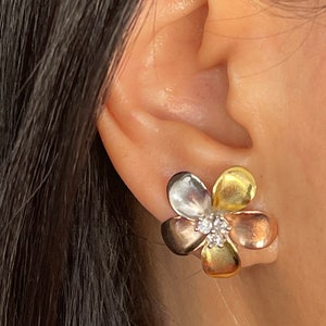 Solid Sterling Silver Hawaiian 20mm Plumeria Flower With Triple Cubic Zirconia Stud Earrings in Tricolor Gold Rhodium