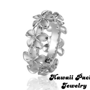Hawaiian 8mm Plumeria Flowers Lei Ring in Sterling Silver Rhodium White Gold, Rose Gold, Yellow Gold