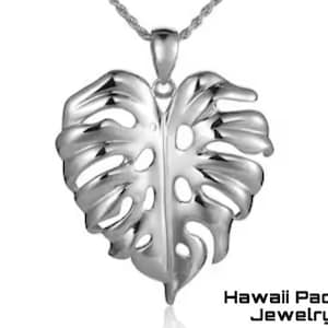 Solid Sterling Silver Hawaiian Monstera Leaf Pendant Necklace with Box Chain