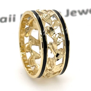 14K Solid Gold Hawaiian Heirloom Ring: Maile Lei Leaf, Black Enamel
