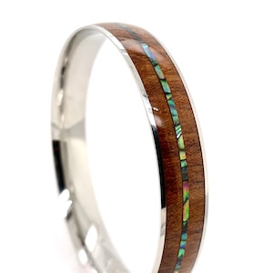 Hawaiian 12mm Triple Koa Wood, Abalone Shell, and Koa Wood Bangle Bracelet Silver Stainless Steel Women Size 7.5&quot;, 8&quot;, 8.5&quot;.