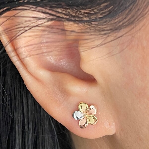 14 Karat Solid Tricolor Gold Hawaiian 10mm Plumeria Flower Stud Earrings Sandblast with a High Polished edge