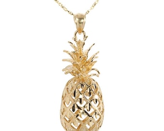 14 Karat Solid Yellow Gold Hawaiian 3D Pineapple with Diamond Cut Pendant 3XL, 2XL, Extra Large, Large, Medium, Small