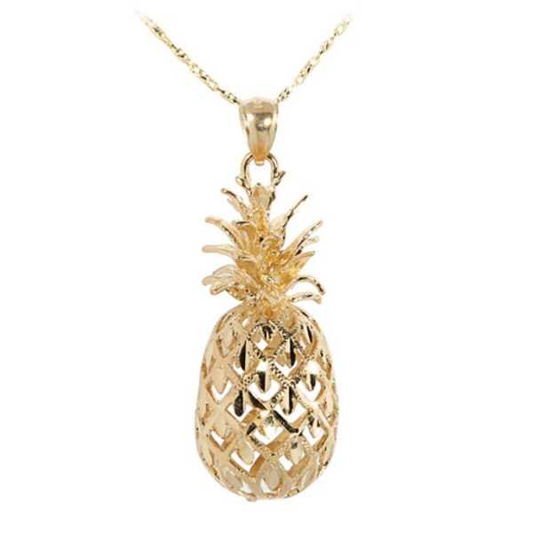 14 Karat Solid Yellow Gold Hawaiian 3D Pineapple with Diamond Cut Pendant 3XL, 2XL, Extra Large, Large, Medium, Small