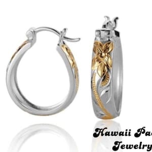 Solid Sterling Silver Two-Tone Hawaiian Heirloom Plumeria Scroll Hoop Earrings In Silver and Yellow Gold