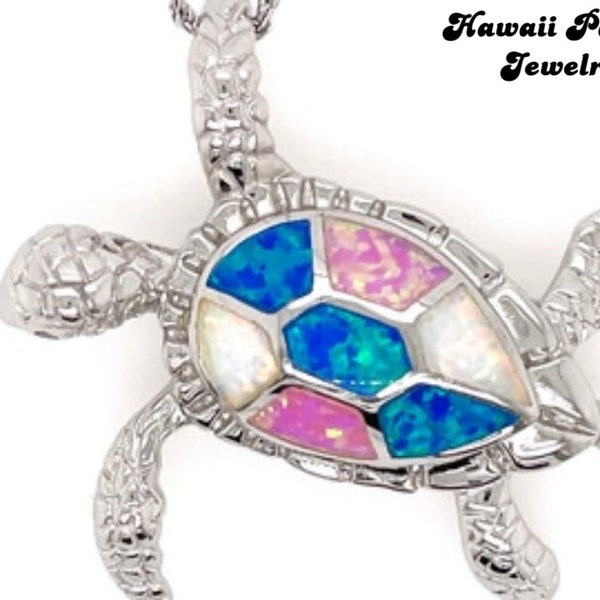 Très grand pendentif hawaïen 38 mm en argent sterling avec tortue de mer et opale tricolore