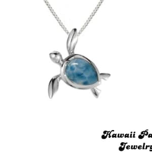 Large Hawaiian Natural Blue Larimar Ocean Sea Turtle Pendant Necklace With Box Chain Solid Sterling Silver Rhodium Finish