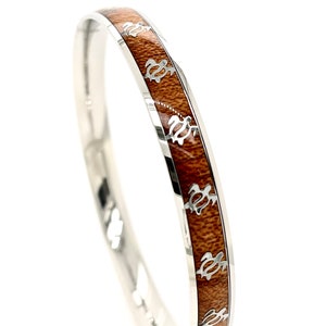 Brand:HPJ Hawaiian 8mm Ocean Sea Turtle Natural Koa Wood Silver Stainless Steel Bangle Bracelets Size 7.5&quot;, 8&quot;, and 8.5&quot;