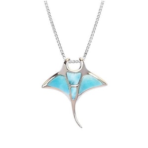 Larimar Manta Ray Pendant: Hawaiian Sterling Silver Box Chain