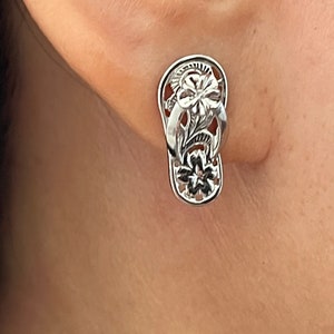 Natural Diamond 14 Karat Solid White Gold Hawaiian Heirloom Princess Plumeria Flower Maile leaf scroll Slipper Flip Flop Stud Earrings