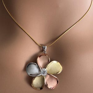 Tricolor Gold Plumeria Flower Pendant: Sterling Silver Cubic Zirconia Necklace