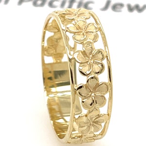 14 Karat Solid Yellow Gold Hawaiian Heirloom 7mm Plumeria Flowers Lei Band Ring High Polished Edge