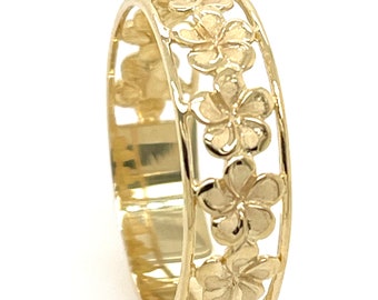 Solid 14K White Gold Hawaiian Fancy Plumeria Flower Lei Band Ring 4mm