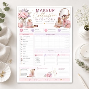 Op de afbeelding: Een wit inventarisblad voor make-up met bloemenillustraties, een spiegel en cosmetica. De tekst luidt Makeup Collection Inventory, Organise Love Beautify, en bevat secties voor productdetails, categorieën en notities.