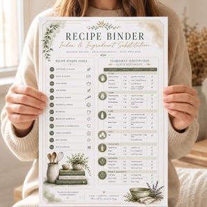 Recipe Binder Index And Ingredient Substitution Quick Reference Pages Printable Kitchen Organizer