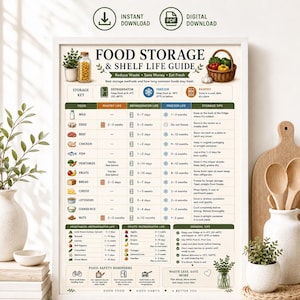 May include: A rectangular wall poster titled Food Storage & Shelf Life Guide, featuring a detailed chart with icons for milk, eggs, meat, and produce. It provides storage instructions for pantry, refrigerator, and freezer, including temperature ranges in Celsius.