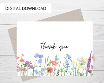 Multicolor Floral Thank You Card Digital Download, Printable Thank You Card, Simple Digital Thank You Card, Wedding or Shower Thank You Card