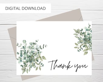 Simple Minimal Thank You Digital Download Card With Greenery, Printable Thank You Card, Simple Digital Thank You Card, WeddingThank You Card